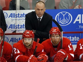 Detroit Red Wings head coach Jeff Blashill watches action against the Toronto Maple Leafs in Detroit Friday, Oct. 2, 2015.