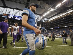 Detroit Lions QB Matthew Stafford leaves the field after a 28-19 loss to the Minnesota Vikings at Ford Field on October 25, 2015 in Detroit, Michigan.