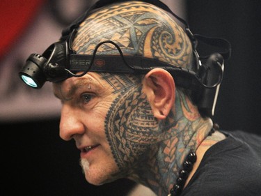 Brent McCowan, a tatau artist from Villach, Austria, is shown during the Motor City Tattoo Expo in Detroit, MI. on Saturday, March 7, 2015.