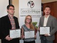 The Windsor Essex County Cancer Centre Foundation presented their grant recipients on Wednesday, Oct. 28, 2015, in Windsor, Ont. Dr. Phillip Karpowicz, left, Dr. Lisa Porter and Dr. James Gauld received grants totalling $233,500.