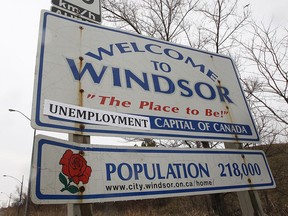 An alteration to the City of Windsor's welcome sign, designating it as the unemployment capital of Canada, is pictured in this file photo.