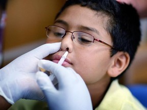 A child in Miami, Florida, receives a nasal flu spray vaccine in October 2009.