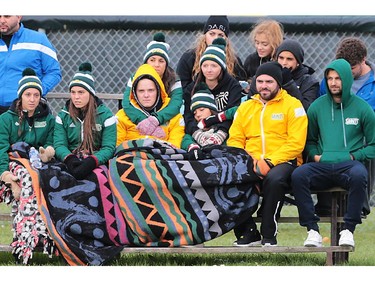 St. Clair College fans bundle up during a game Friday, Oct. 2, 2015, in Windsor, ON. against Mohawk College. (DAN JANISSE/The Windsor Star)