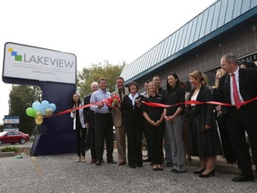 Officials attend the ribbon-cutting ceremony for Lakeview Montessori School's new middle school October 5, 2015 in Tecumseh, Ontario.
