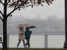 A couple of walkers take a rainy stroll at the Reaume Park in Windsor in this file photo from 2015.