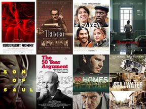 Posters for films included in the Windsor International Film Festival 2015 line-up. Clockwise from top left: Goodnight Mommy, Trumbo, Samba, Elephant Song, Stillwater, 99 Homes, The 50 Year Argument, and Son of Saul.