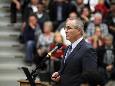 Bill Parr speaks during a special Greater Essex County District School Board meeting at the St. Clair College SportsPlex in Windsor on Tuesday, October 13, 2015. The closure of Harrow District High School and Western Secondary School was the topic of the special meeting.