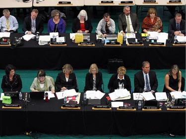 Board members listen to delegations during a special Greater Essex County District School Board meeting at the St. Clair College SportsPlex in Windsor on Tuesday, October 13, 2015. The closure of Harrow District High School and Western Secondary School was the topic of the special meeting.