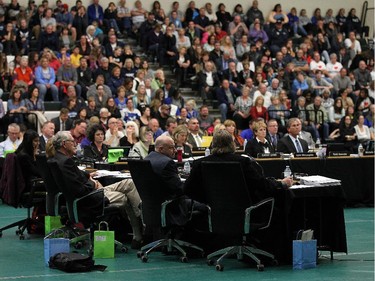 Board members listen to delegations during a special Greater Essex County District School Board meeting at the St. Clair College SportsPlex in Windsor on Tuesday, October 13, 2015. The closure of Harrow District High School and Western Secondary School was the topic of the special meeting.