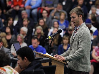 Mitchell Long speaks during a special Greater Essex County District School Board meeting at the St. Clair College SportsPlex in Windsor on Tuesday, October 13, 2015. The closure of Harrow District High School and Western Secondary School was the topic of the special meeting.