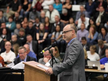Steve Forsey speaks during a special Greater Essex County District School Board meeting at the St. Clair College SportsPlex in Windsor on Tuesday, October 13, 2015. The closure of Harrow District High School and Western Secondary School was the topic of the special meeting.