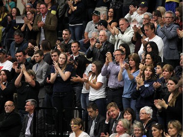 The crowd applauds during a special Greater Essex County District School Board meeting at the St. Clair College SportsPlex in Windsor on Tuesday, October 13, 2015. The closure of Harrow District High School and Western Secondary School was the topic of the special meeting.