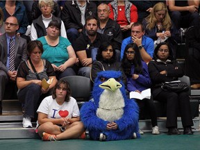 The Harrow Hawks mascot takes part in a special Greater Essex County District School Board meeting at the St. Clair College SportsPlex in Windsor on Tuesday, October 13, 2015. The closure of Harrow District High School and Western Secondary School was the topic of the special meeting.