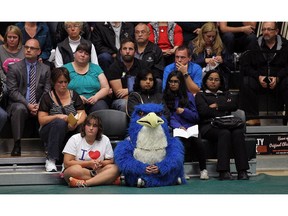 WINDSOR, ON. OCTOBER 13, 2015. -- The Harrow Hawks mascot takes part in a special Greater Essex County District School Board meeting at the St. Clair College SportsPlex in Windsor on Tuesday, October 13, 2015. The closure of Harrow District High School and Western Secondary School was the topic of the special meeting.                                      (TYLER BROWNBRIDGE/The Windsor Star)