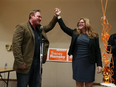 MPP Taras Natyshak welcomes NDP candidate Tracey Ramsey who was greeted by supporters after defeating incumbent Jeff Watson in Essex on Monday, October 19, 2015.
