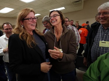 NDP candidate Tracey Ramsey is greeted by supporters after defeated incumbent Jeff Watson in Essex on Monday, October 19, 2015.