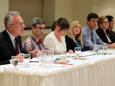 Federal election candidates Frank Shiller, Liberal Party, Enver Villamizer, Marxist-Leninist Party, Laura Chesnik, Marxist-Leninist Party, Jennifer Alderson, Green Party, David Momotiuk, Green Party, Tracey Ramsey, NDP, and Cheryl Hardcastle (left to right) take part in an all candidates debate hosted by the Registered Nurses Association of Ontario at the Fogolar Furlan club in Windsor on Monday, October 5, 2015.                                     (TYLER BROWNBRIDGE/The Windsor Star)