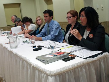 Federal election candidates Frank Shiller, Liberal Party, Enver Villamizer, Marxist-Leninist Party, Laura Chesnik, Marxist-Leninist Party, Jennifer Alderson, Green Party, David Momotiuk, Green Party, Tracey Ramsey, NDP, and Cheryl Hardcastle (left to right) take part in an all candidates debate hosted by the Registered Nurses Association of Ontario at the Fogolar Furlan club in Windsor on Monday, October 5, 2015.                                     (TYLER BROWNBRIDGE/The Windsor Star)