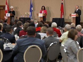 WINDSOR, ON. SEPTEMBER 30, 2015. --   Windsor--Tecumseh candidates Jo-Anne Gignac, Cheryl Hardcastle and Frank Schiller (left to right) take part in the Windsor-Essex Regional Chamber of Commerce federal election debate at the Caboto Club in Windsor on Wednesday, September 30, 2015.                                  (TYLER BROWNBRIDGE/The Windsor Star)