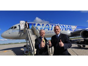 National Airlines president Ed Davidson, left, and Windsor Mayor Drew Dilkens at Windsor Airport during announcement of twice weekly flights to Orlando.