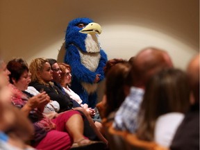 The Harrow High School Hawks mascot is seen in a full Greater Essex County District School Board meeting in Windsor in this 2015 file photo.