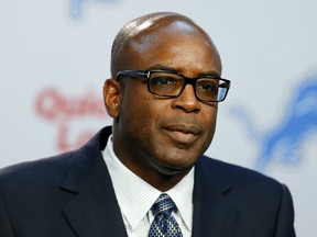 Detroit Lions interim general manager Sheldon White speaks during an NFL football news conference Thursday, Nov. 12, 2015, in Allen Park, Mich. White replaces Martin Mayhew who was fired along with team president Tom Lewand. (AP Photo/Paul Sancya)