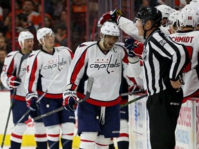 Alex Ovechkin #8 of the Washington Capitals celebrates a goal that would be disallowed after a challenged offsides call in the second period against the Philadelphia Flyers at Wells Fargo Center on November 12, 2015 in Philadelphia, Pennsylvania. (Photo by Patrick Smith/Getty Images)