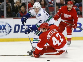 Vancouver Canucks center Bo Horvat (53) passes around Detroit Red Wings defenseman Alexei Marchenko (47) in the second period of an NHL hockey game Friday, Dec. 18, 2015 in Detroit. (AP Photo/Paul Sancya)