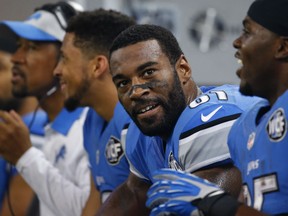 Detroit Lions wide receiver Calvin Johnson (81) sits on the bench during the second half of an NFL football game against the Philadelphia Eagles, Thursday, Nov. 26, 2015, in Detroit. (AP Photo/Paul Sancya)