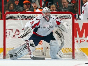 Philipp Grubauer #31 of the Washington Capitals stops a shot in the third period against the Philadelphia Flyers on February 27, 2013 at the Wells Fargo Center in Philadelphia, Pennsylvania. The Philadelphia Flyers defeated the Washington Capitals 4-1. (Photo by Elsa/Getty Images)