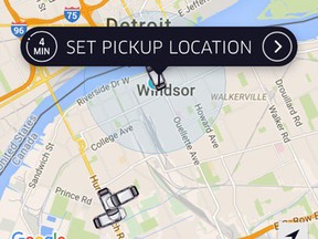 This screen grab shows Uber cars on Windsor streets on Nov. 12, 2015.