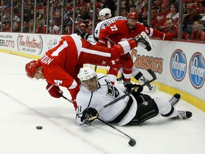 Gustav Nyquist #14 of the Detroit Red Wings battles for the puck against Anze Kopitar #11 of the Los Angeles Kings during the third period of the game at Joe Louis Arena on January 18, 2014 in Detroit, Michigan. The Wings defeated the Kings 3-2 in a shootout.  (Photo by Leon Halip/Getty Images)