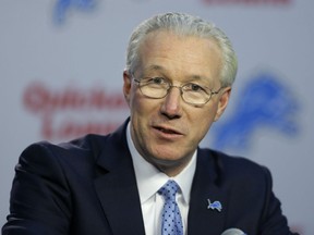 Detroit Lions President Rod Wood addresses the media, Friday, Nov. 20, 2015, in Allen Park, Mich. Wood, 55, will oversee the Lions business operations. Earlier this month, owner Martha Ford fired team president Tom Lewand and general manager Martin Mayhew after the team's 1-7 start. (AP Photo/Carlos Osorio)
