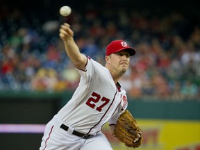 Washington Nationals starting pitcher Jordan Zimmermann throws in the first inning during a baseball game against the Atlanta Braves at Nationals Park, Thursday, Sept. 3, 2015, in Washington. (AP Photo/Pablo Martinez Monsivais)
