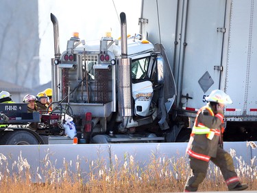Transport truck accident scene on Highway 401 near Tilbury, Ont. on Nov. 25, 2015.   An Ornge air ambulance was called in to transport a victim.
