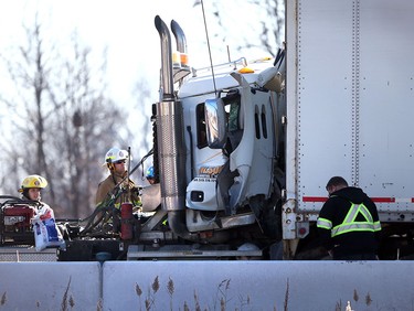 Transport truck accident scene on Highway 401 near Tilbury, Ont. on Nov. 25, 2015.   An Ornge air ambulance was called in to transport a victim.