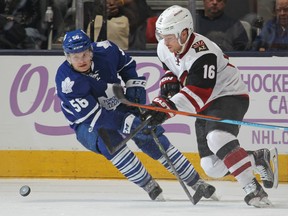 Max Domi #16 of the Arizona Coyotes has the puck knocked away by Byron Froese #56 of the Toronto Maple Leafs during an NHL game at the Air Canada Centre on October 26, 2015 in Toronto, Ontario, Canada. (Photo by Claus Andersen/Getty Images)