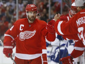 Detroit Red Wings left wing Henrik Zetterberg (40) celebrates his goal against the Tampa Bay Lightning in the third period of an NHL hockey game in Detroit Tuesday, Oct. 13, 2015. (AP Photo/Paul Sancya)
