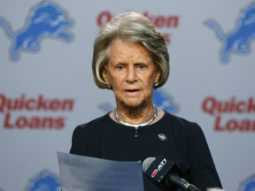 Detroit Lions NFL football team owner Martha Firestone Ford reads a prepared statement Thursday, Nov. 5, 2015, in Allen Park, Mich. The struggling Detroit Lions have shaken up their front office. Lions president Tom Lewand and general manager Martin Mayhew were fired on Thursday.  (AP Photo/Paul Sancya)