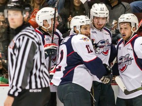 Forward Hayden McCool #27 of the Windsor Spitfires celebrates his goal against the Ottawa 67's on October 15, 2015 at the WFCU Centre in Windsor, Ontario, Canada. (Photo by Dennis Pajot/Getty Images)