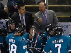 According to reports, Bob Boughner, left, seen here with San Jose Sharks head coach Peter DeBoer, could be named head coach of the Florida Panthers as early as Monday.