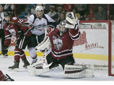 Guelph goaltender Justin Nichols makes a glove save in the second period of OHL action between the Windsor Spitfires and the Guelph Storm at the WFCU Centre, Saturday, Oct. 31, 2015.   (DAX MELMER/The Windsor Star)