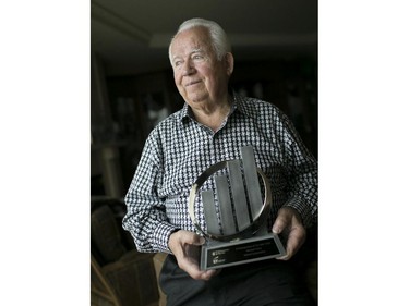 Michael G. Solcz, founder of the Valiant Group of Companies, is pictured with the EY Entrepreneur of the Year award for the manufacturing category for Ontario, at his home in east Windsor, Saturday, Oct. 31, 2015.   (DAX MELMER/The Windsor Star)