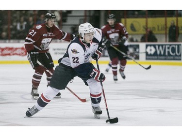 Windsor's Cole Carter brings the puck up the ice in the second period of OHL action between the Windsor Spitfires and the Guelph Storm at the WFCU Centre, Saturday, Oct. 31, 2015.   (DAX MELMER/The Windsor Star)