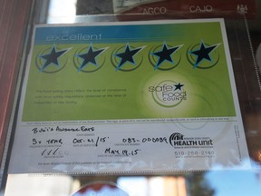 The health unit star rating notice at Bubi's Awesome Eats is pictured on Nov. 20, 2015.