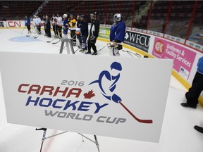 Recreational hockey players are seen at the WFCU Centre during a 2013 news conference announcing that the 2016 CARHA Hockey World Cup will be held in Windsor, Tecumseh and LaSalle. Windsor paid $750,000 to host the event.