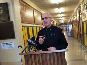 The official kick-off to crime prevention week was held Monday, November 2, 2015, at Kennedy Collegiate in Windsor, ON. Students at the high school received presentations on the risk and consequences of sexting, cyberbullying and online threats. Chief Al Frederick is shown during the event.