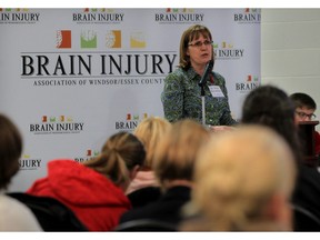 Dr. Anne McLachlan, Brain Injury Association Windsor/Essex County and Hotel-Dieu Grace Healthcare neuropsychologist welcomes visitors and speakers to the "Use Your Head" concussion workshop at Essex Centre Sports Plex Monday November 9, 2015. (NICK BRANCACCIO/Windsor Star)