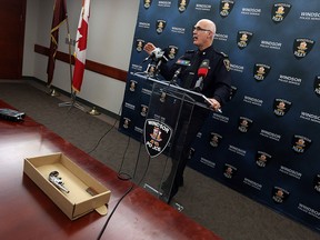 Windsor police chief Al Frederick discusses a street check that led to an arrest at police headquarters in Windsor, Ont. on Thursday, Nov. 19, 2015. A male was taken into custody after he was found with a pistol.