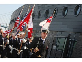 In this file photo, members of the H.M.C.S Hunter participate in the Battle of the Atlantic Parade at the commemoration and dedication service for the new building of the H.M.C.S Hunter in Olde Sandwich town, Sunday, May 3, 2015.  (DAX MELMER/The Windsor Star)